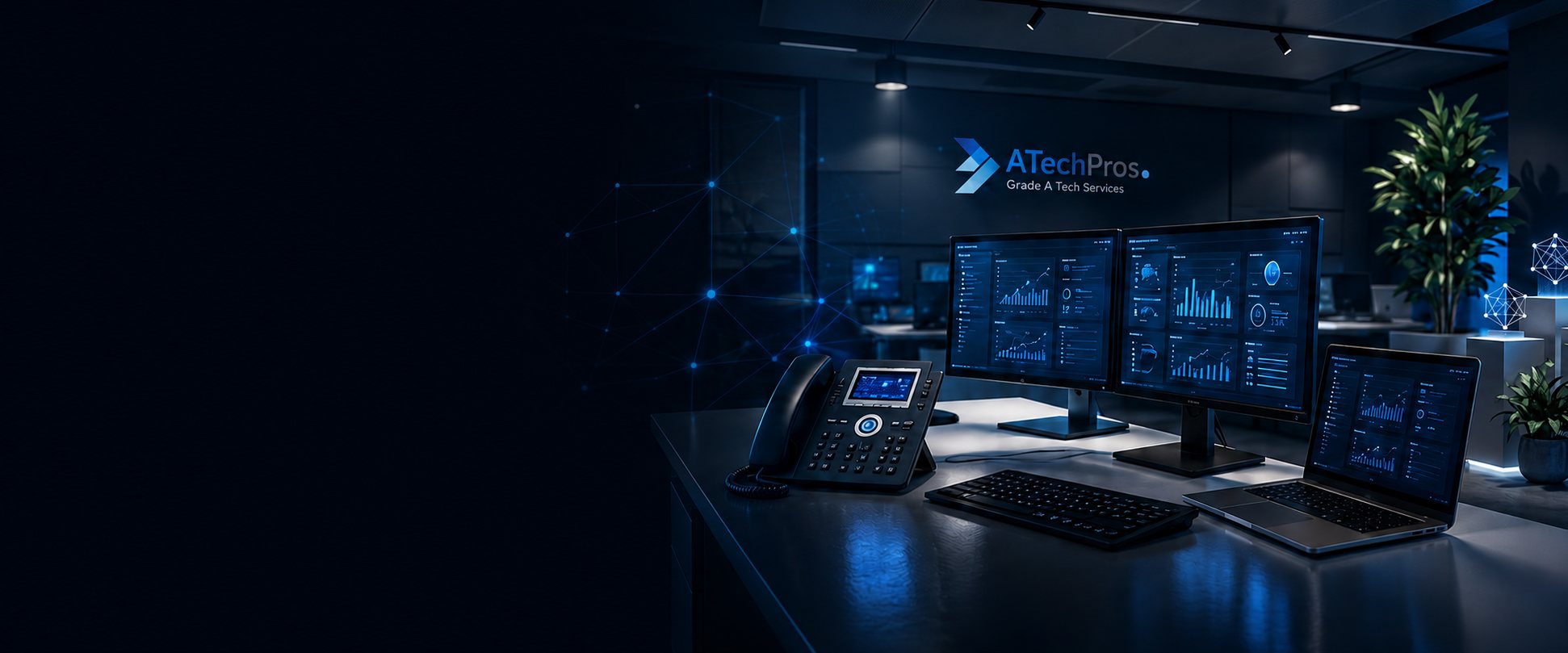 Desk phone, monitors and laptop in the ATechPros office
